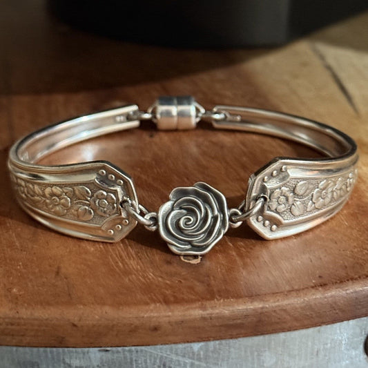 Vintage 1950s Silver Pride Floral Spoon Bracelet with Rose