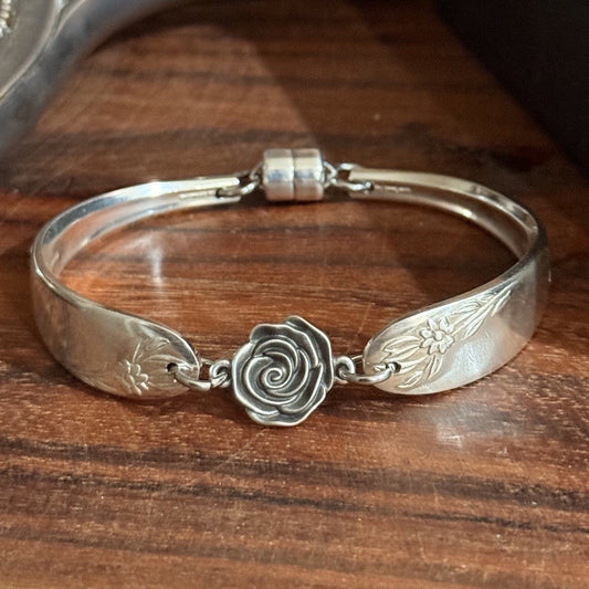 Vintage Floral Cake Fork Bracelet with Rose Connector