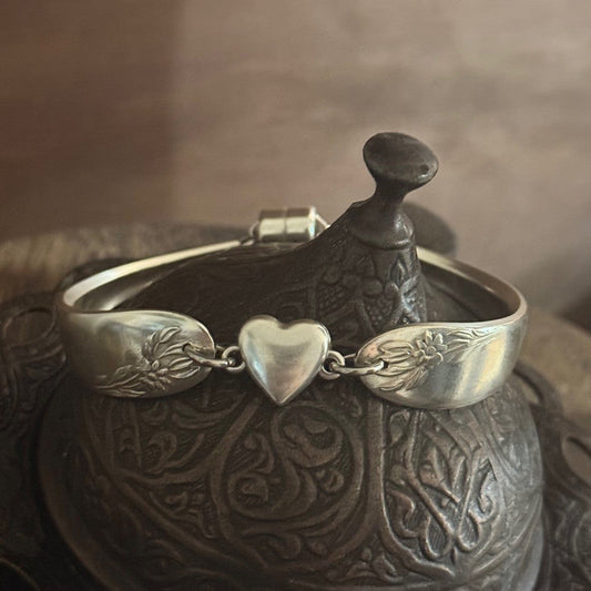 Vintage Floral Silverware Bracelet with Heart Connector