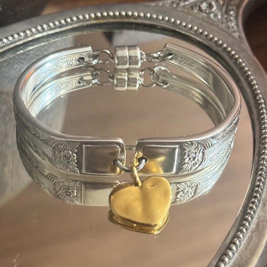 Art Deco Arlington Silverware Bracelet | Gold Heart Charm