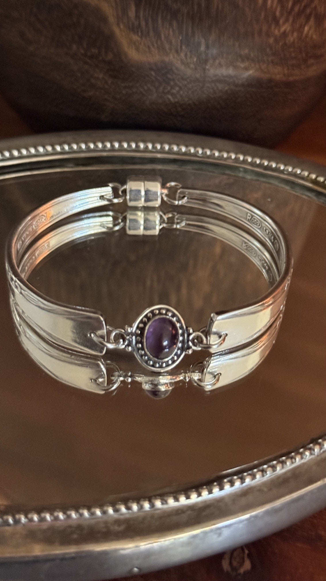Vintage Rodd Cake Fork Handle Bracelet with Purple Glass Gem