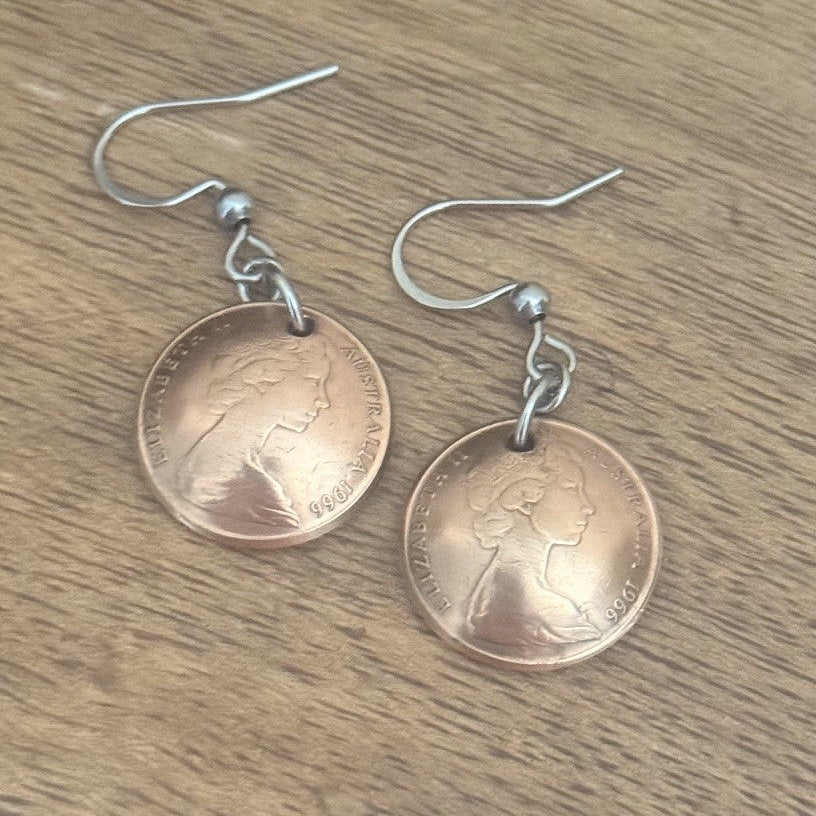 1966 One Cent Coin Earrings