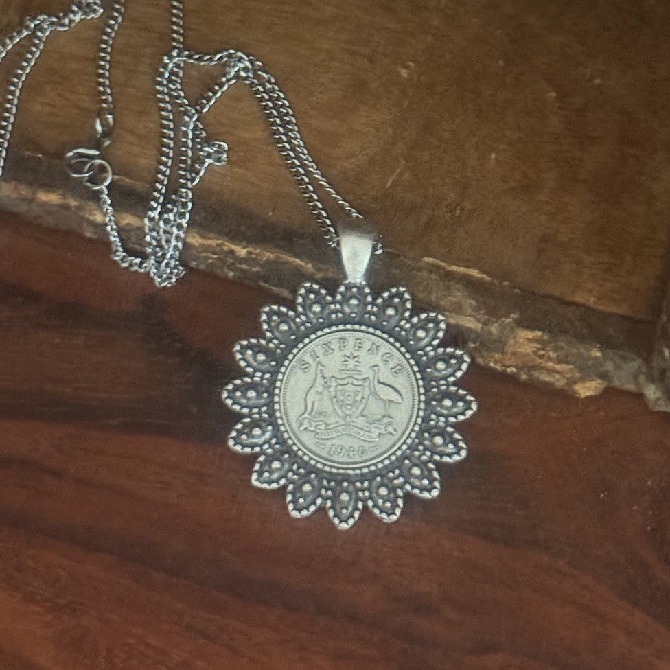 1946 Australian Sixpence Flower Coin Necklace