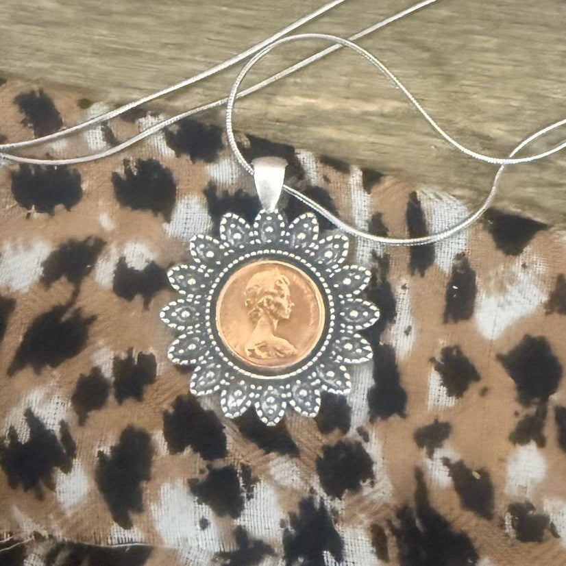 1966 Coin Necklace – Vintage Floral Setting