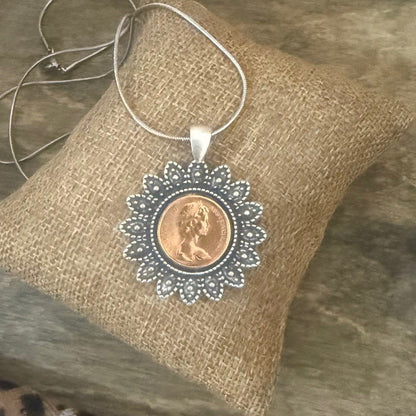 1966 Coin Necklace – Vintage Floral Setting