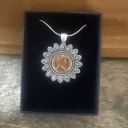 1966 Coin Necklace – Vintage Floral Setting