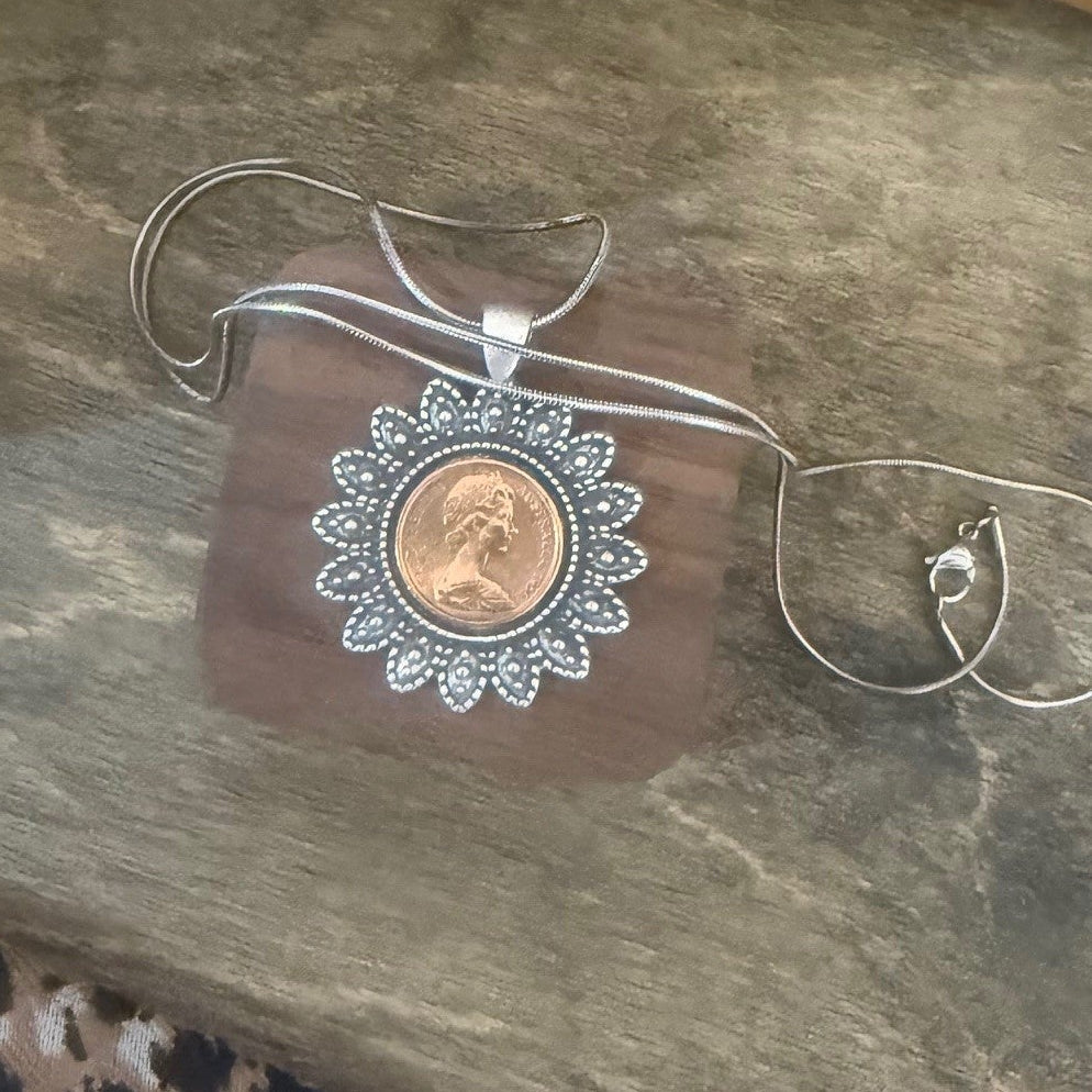 1966 Coin Necklace – Vintage Floral Setting