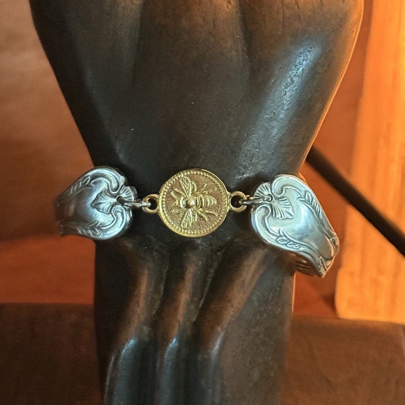Vintage Cake Fork Handle Bracelet with Gold Bee