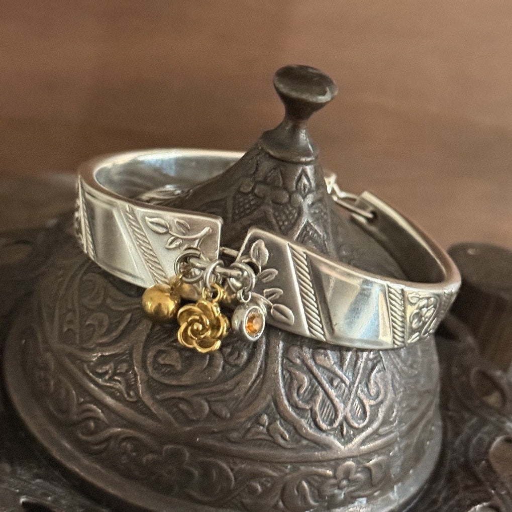 Vintage Spoon Handle Bracelet with Gold Charms