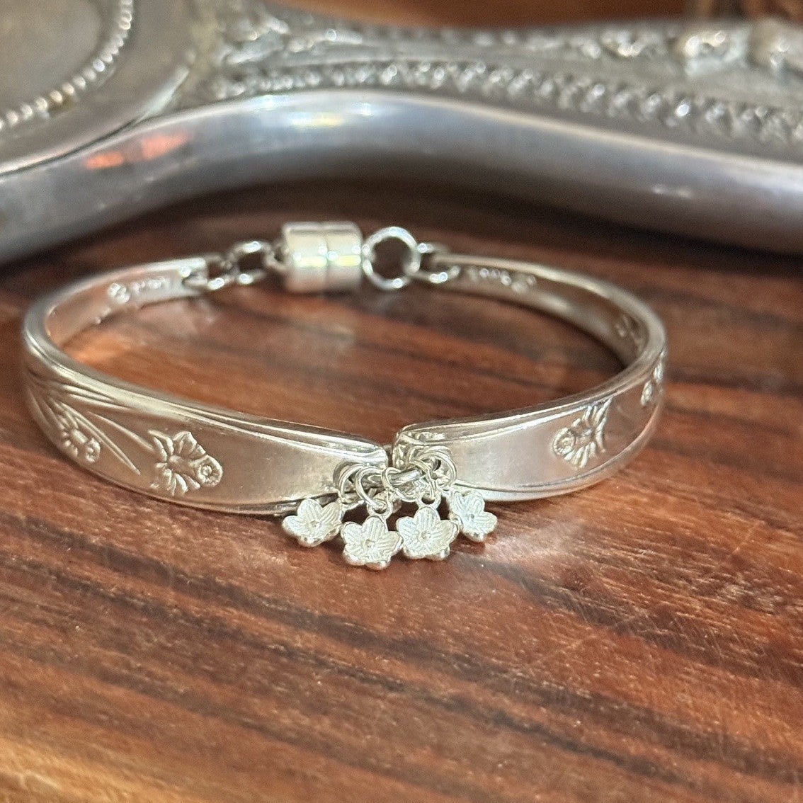 Vintage Dancing Flowers Cake Fork Bracelet with Sterling Silver Flower Charms