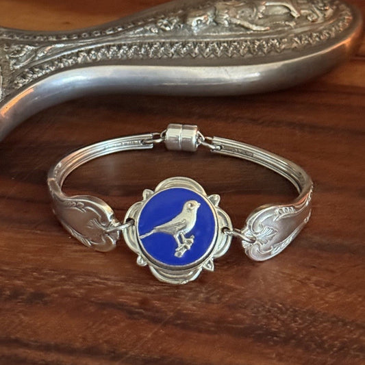 Vintage Sheffield Cake Fork Bracelet with Enamel Bird