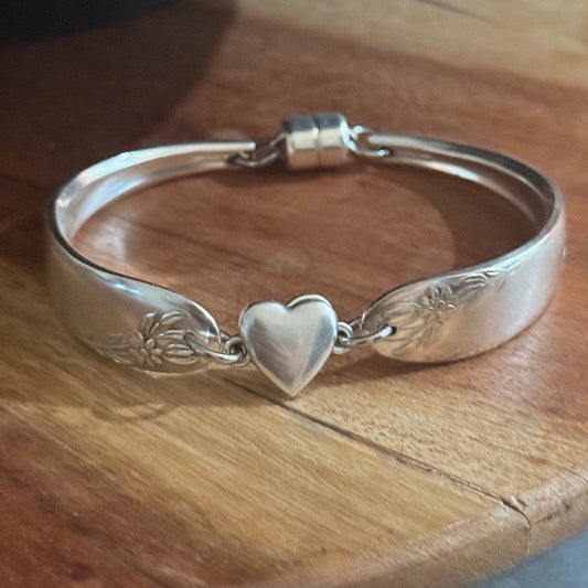 Vintage Floral Silverware Bracelet with Heart Connector