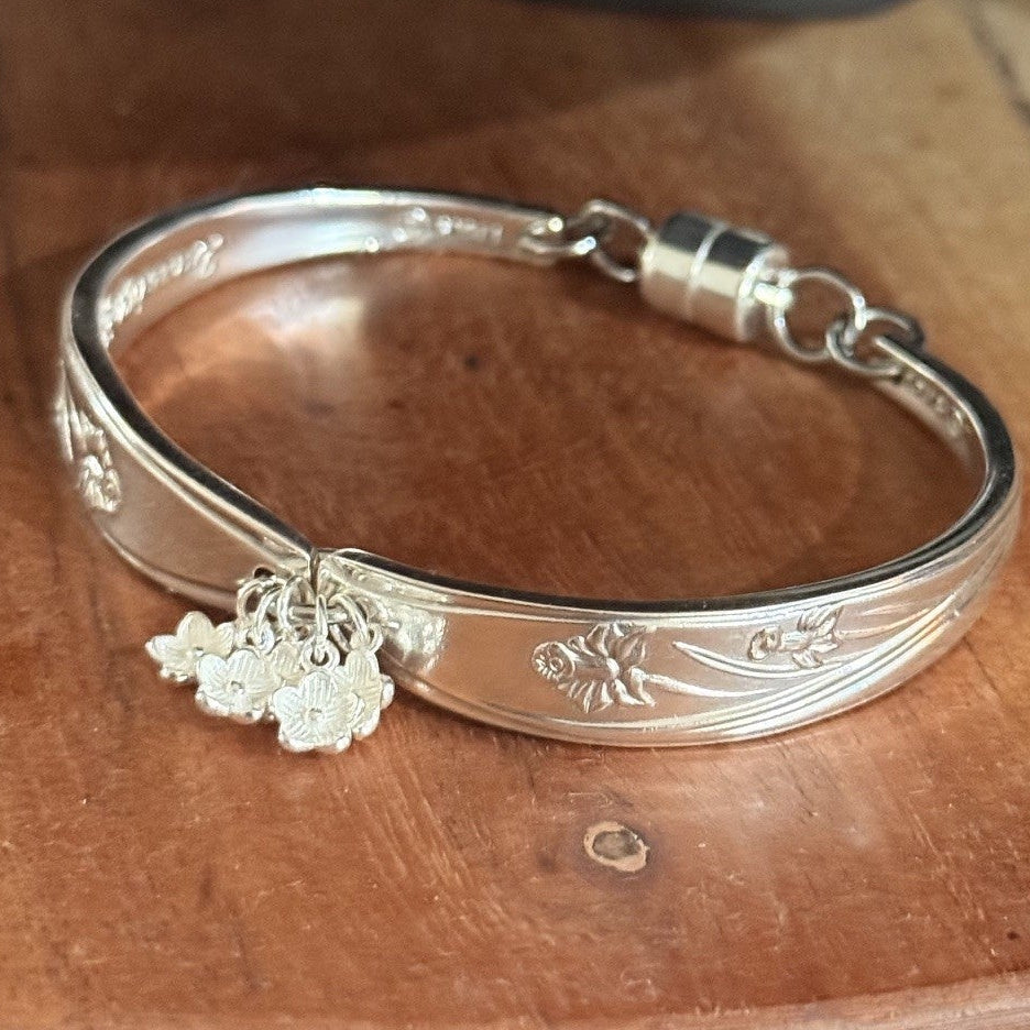 Vintage Dancing Flowers Cake Fork Bracelet with Sterling Silver Flower Charms