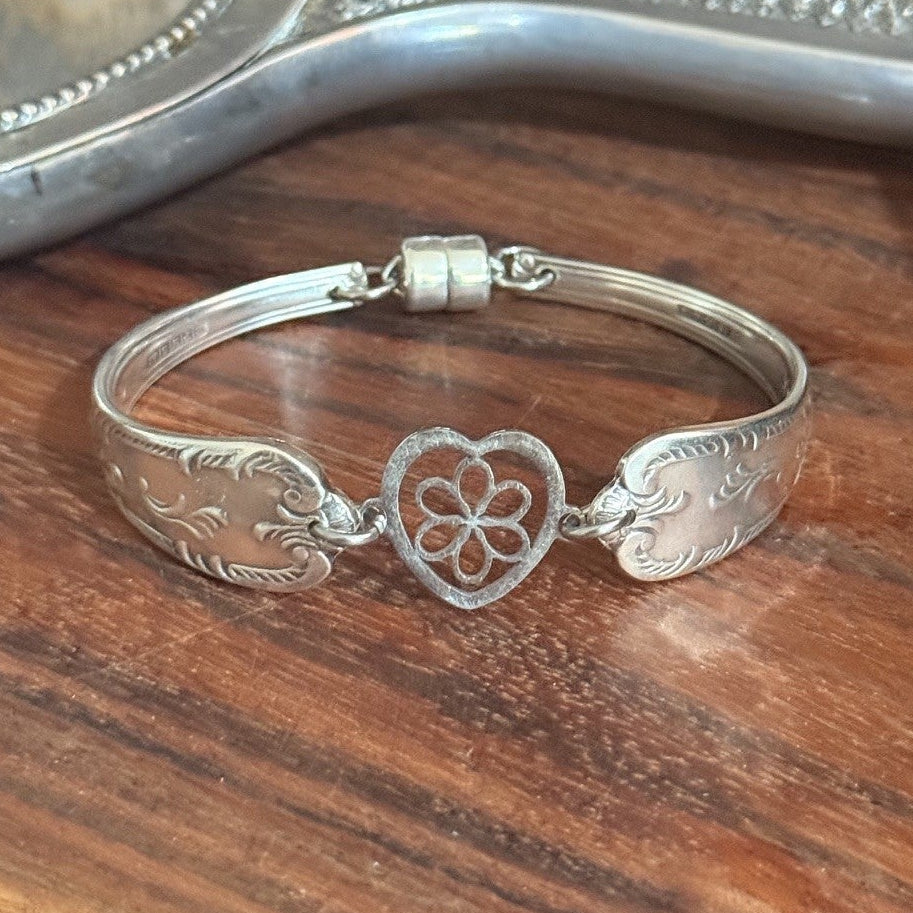 Vintage Grosvenor Diane Silverware Bracelet with Flower Heart