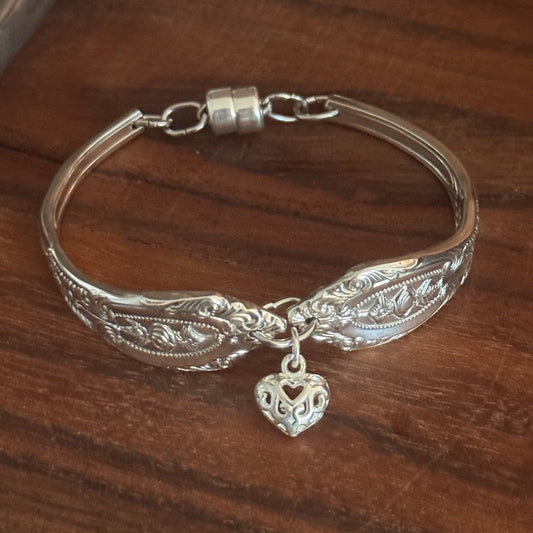 Vintage Rodd Royal Rose Fork Handle Bracelet | Sterling Silver Heart Charm