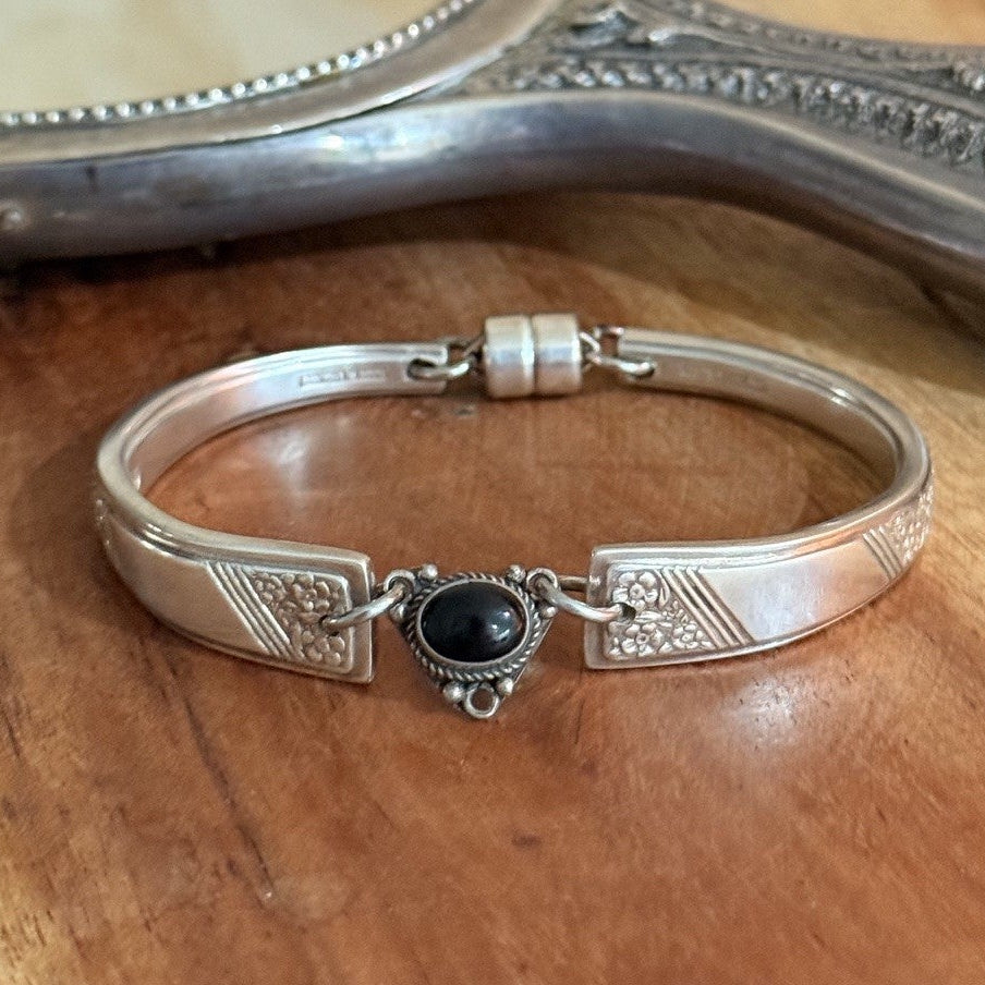 1949 Margaret Rose Silverware &amp; Onyx Bracelet
