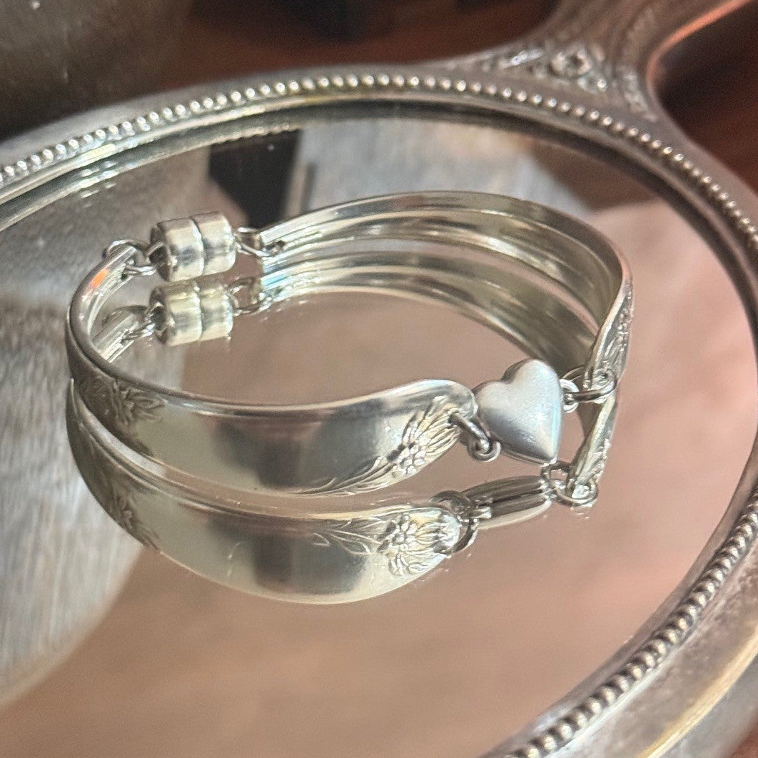 Vintage Floral Silverware Bracelet with Heart Connector