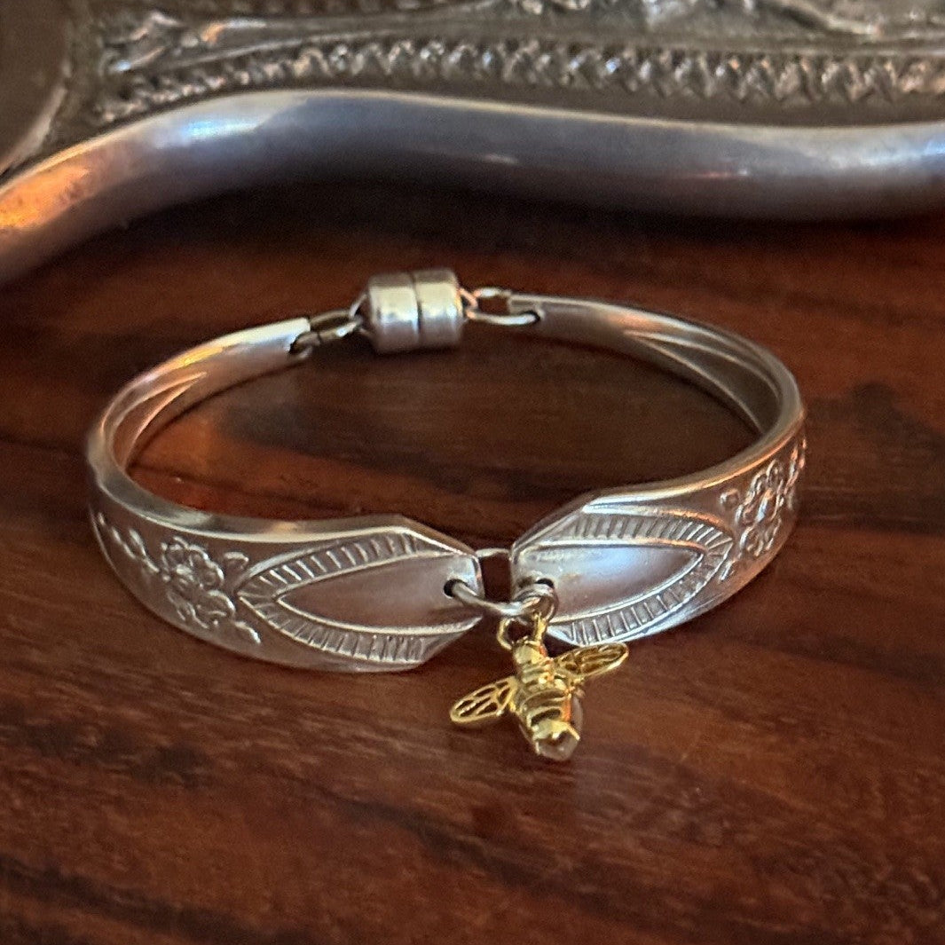 Vintage Anniversary Plate Cake Fork Bracelet with Bee Charm