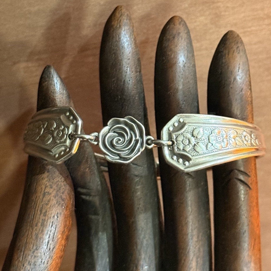 Vintage 1950s Silver Pride Floral Spoon Bracelet with Rose