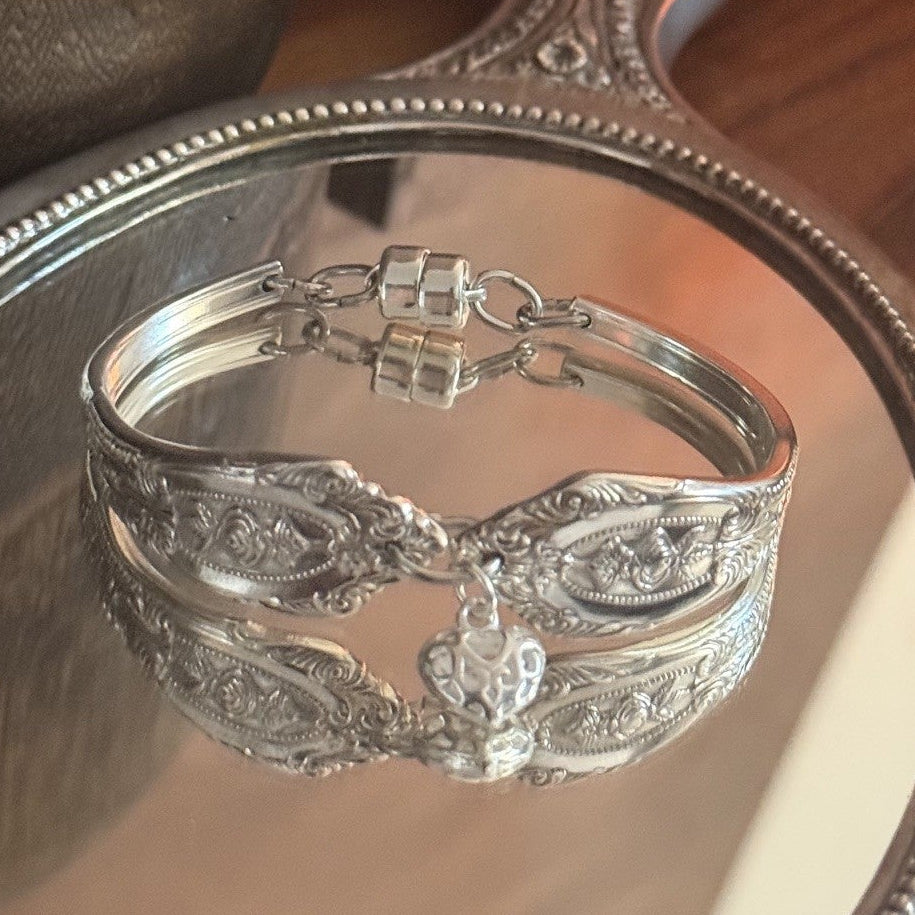 Vintage Rodd Royal Rose Fork Handle Bracelet | Sterling Silver Heart Charm