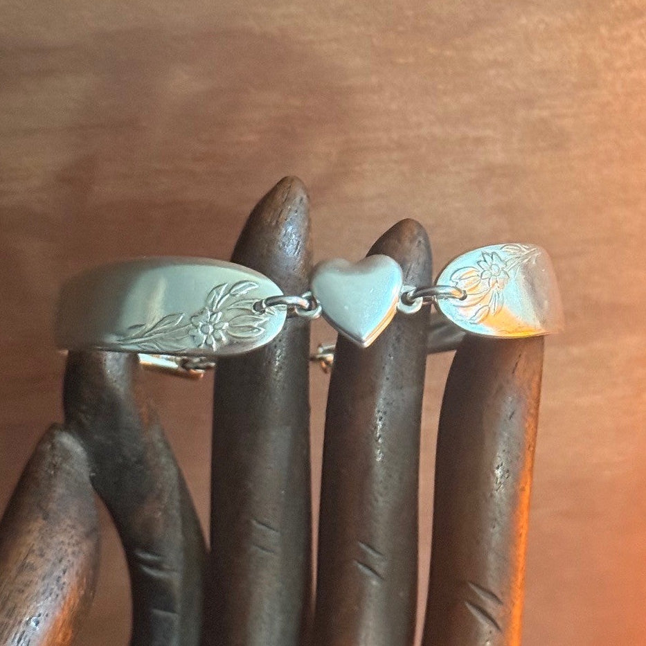 Vintage Floral Silverware Bracelet with Heart Connector