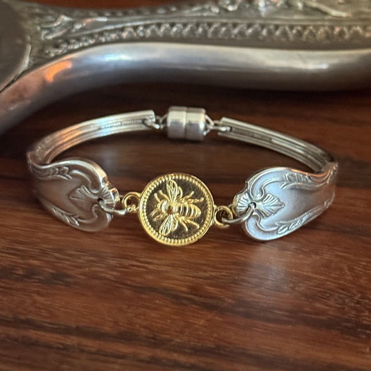 Vintage Cake Fork Handle Bracelet with Gold Bee