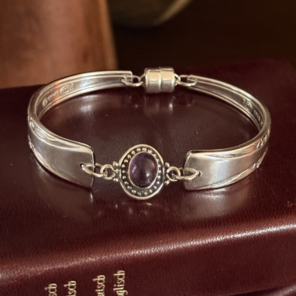 Vintage Rodd Cake Fork Handle Bracelet with Purple Glass Gem