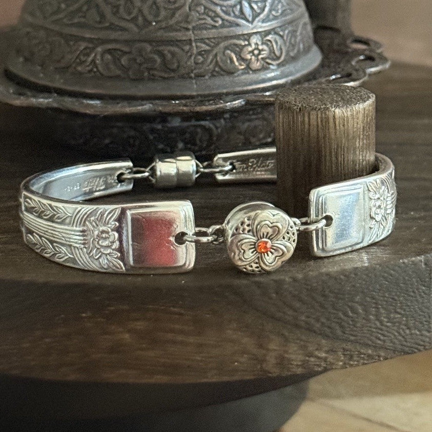 Vintage Fork Handle Bracelet with Interchangeable Floral Snap