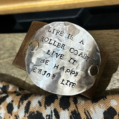 Brown Leather “Enjoy Life” Spoon Bowl Cuff