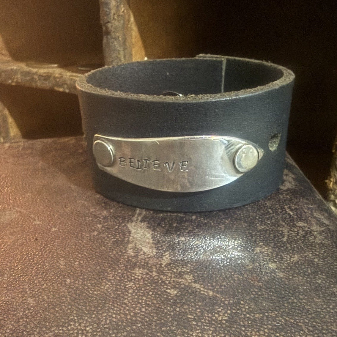 Believe Handstamped Leather Cuff