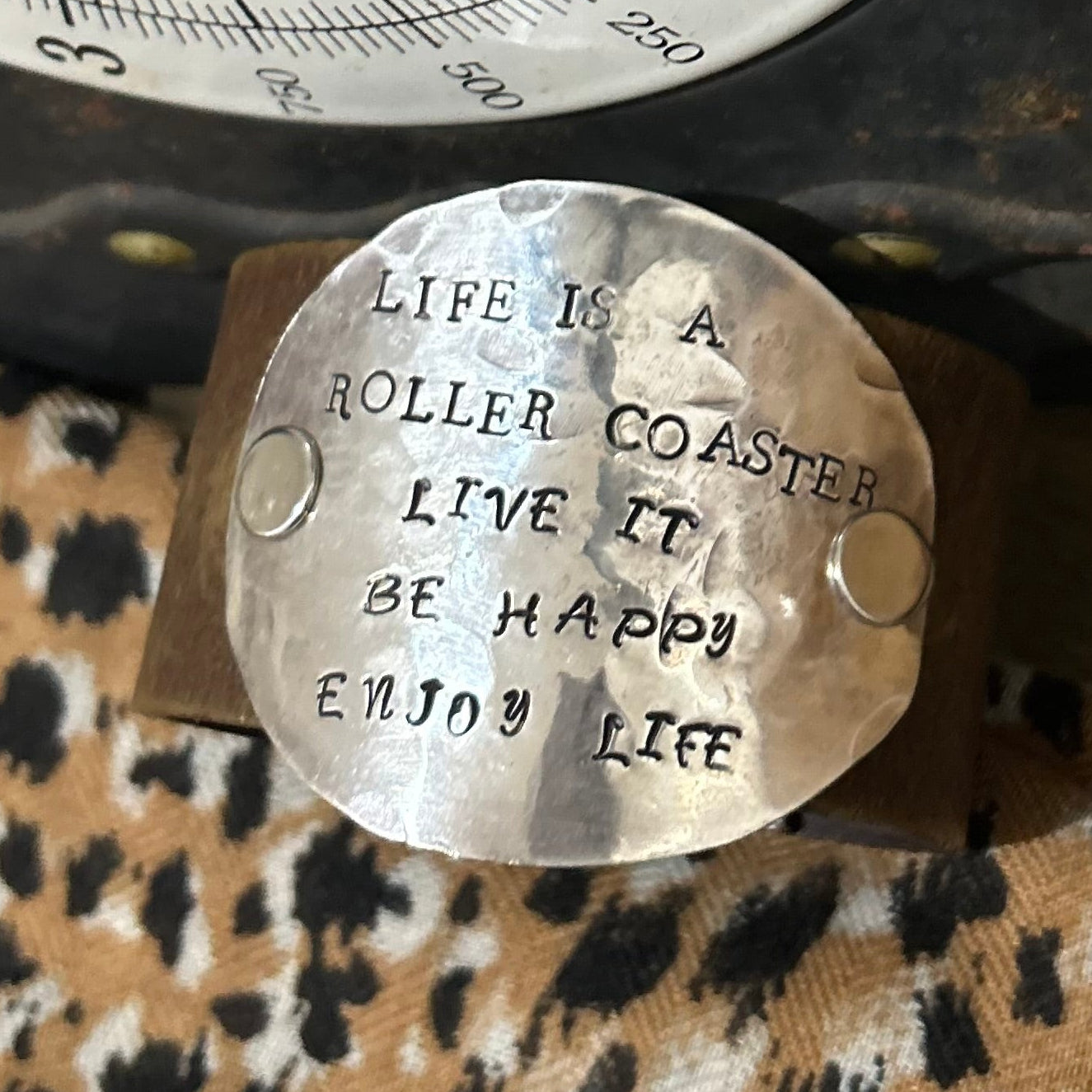 Brown Leather “Enjoy Life” Spoon Bowl Cuff