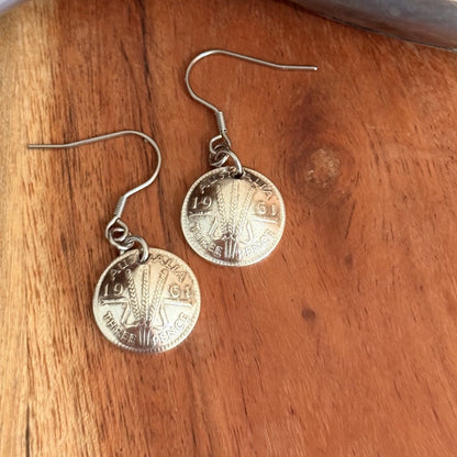 1961 Australian Threepence Coin Earrings