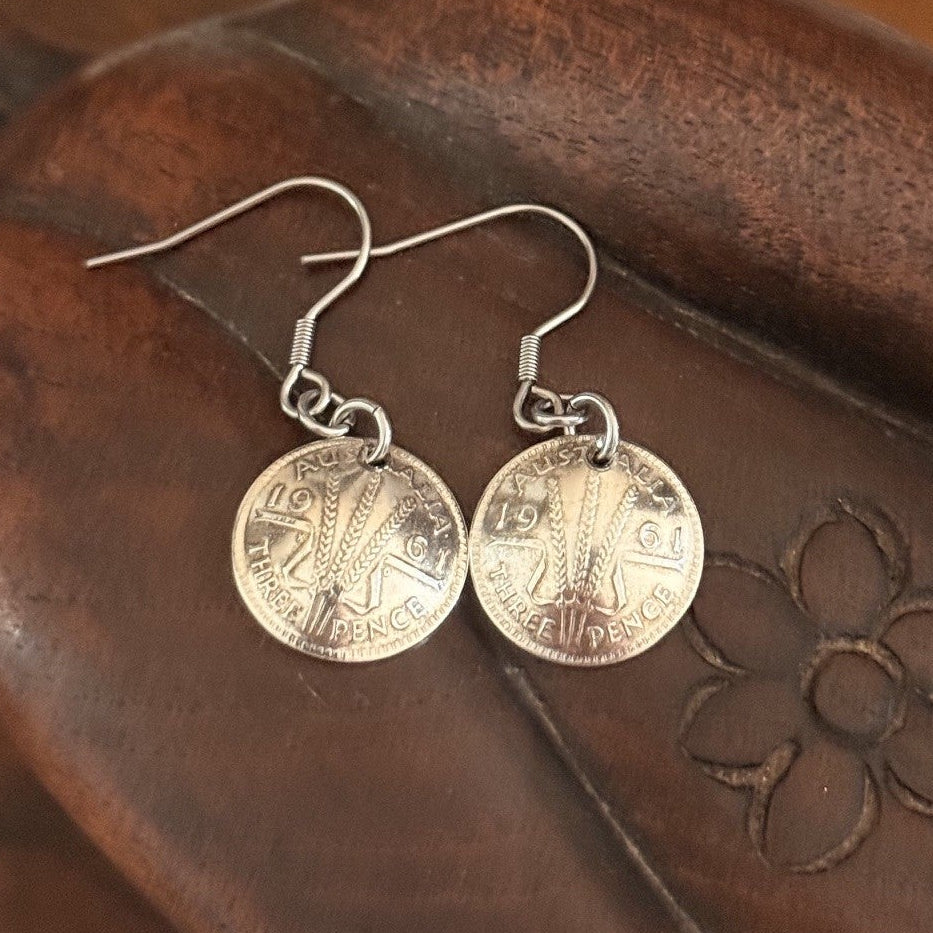 1961 Australian Threepence Coin Earrings