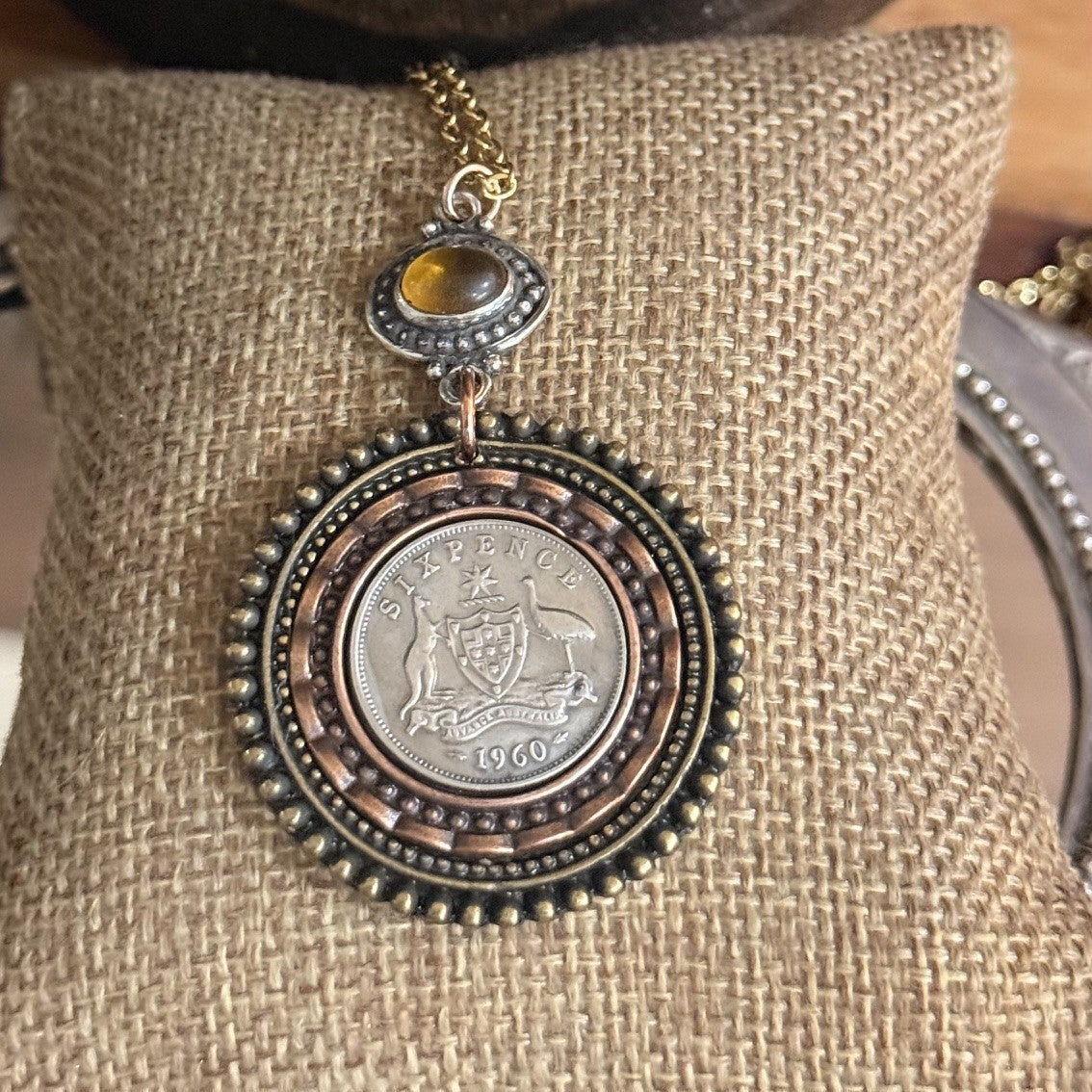 1960 Australian Sixpence Mixed Metal Necklace | One of a Kind Wearable History