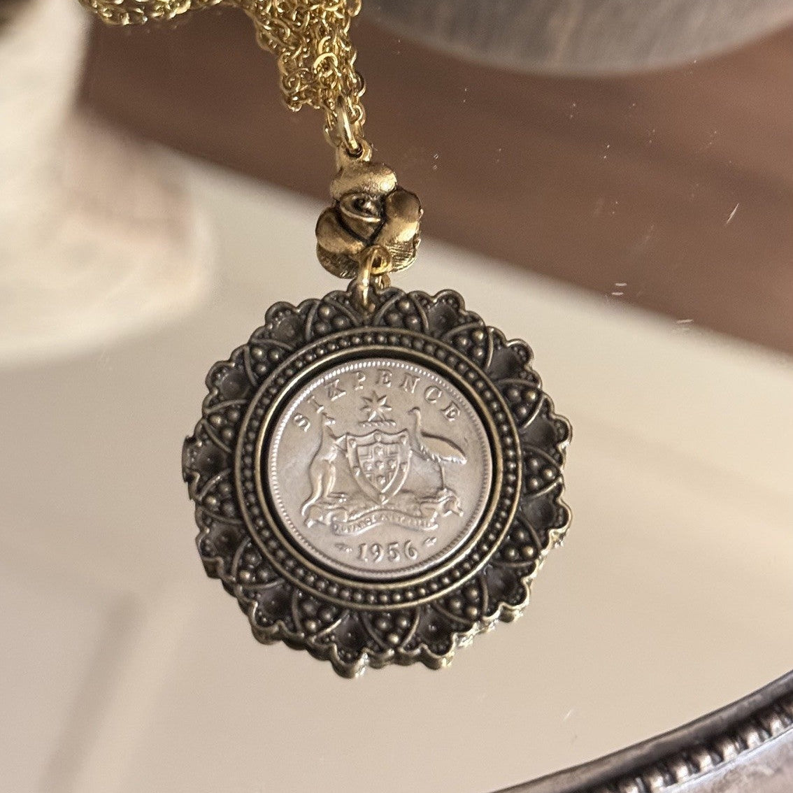 1956 Australian Sixpence & Gold Rose Necklace