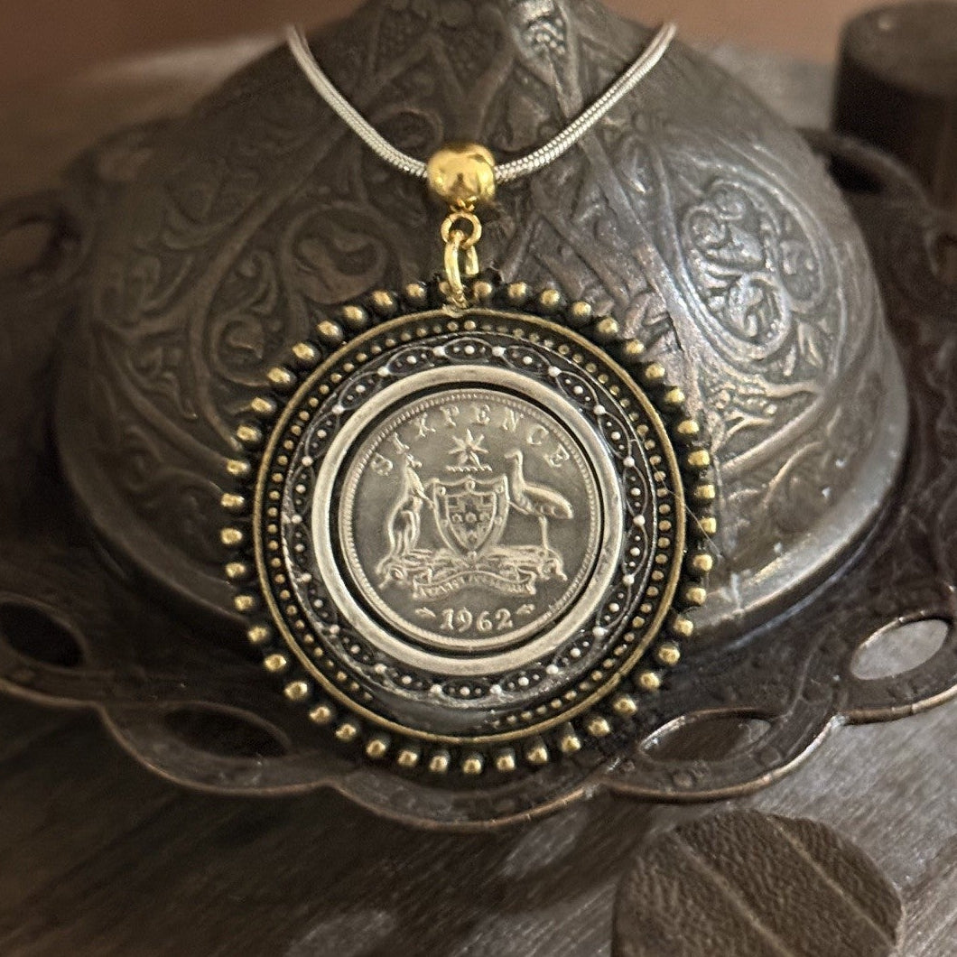 1962 Australian Sixpence Mixed Metal Necklace