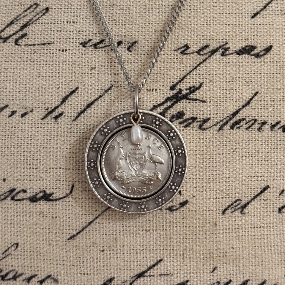 1955 Australian Sixpence &amp; Pearl Necklace
