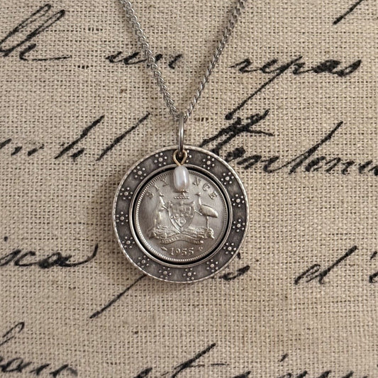 1955 Australian Sixpence &amp; Pearl Necklace
