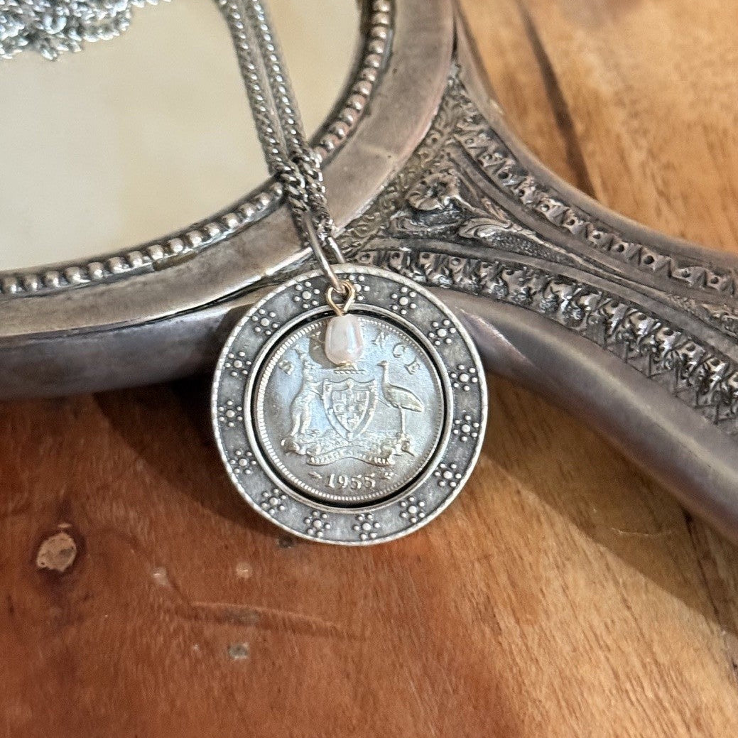 1955 Australian Sixpence &amp; Pearl Necklace