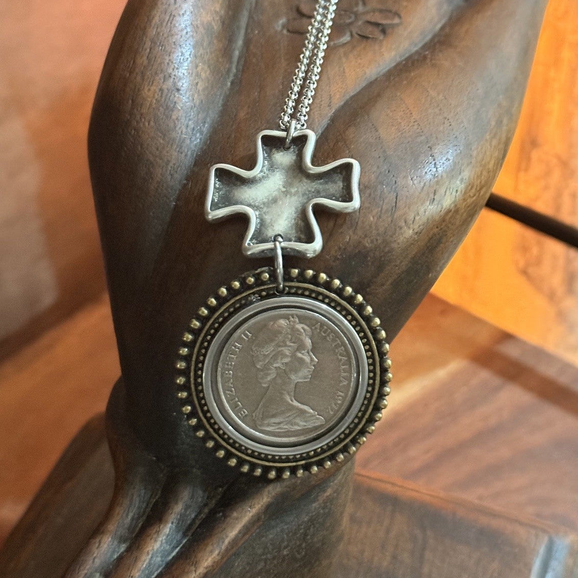 1972 Australian 20 Cent Coin & Cross Necklace/one of a kind