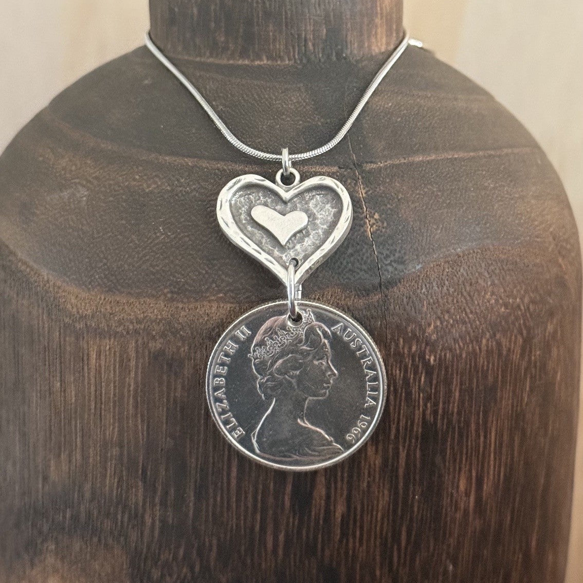 1966 Australian Round 50 Cent Coin Heart Necklace | Wearable History
