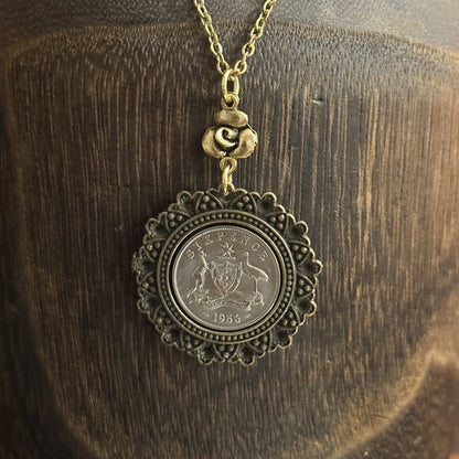1956 Australian Sixpence & Gold Rose Necklace