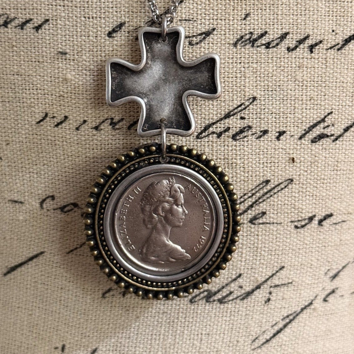 1972 Australian 20 Cent Coin & Cross Necklace/one of a kind