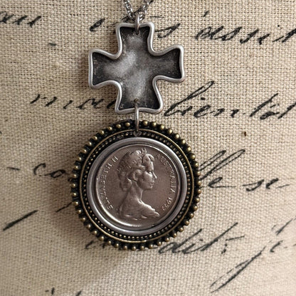 1972 Australian 20 Cent Coin & Cross Necklace/one of a kind