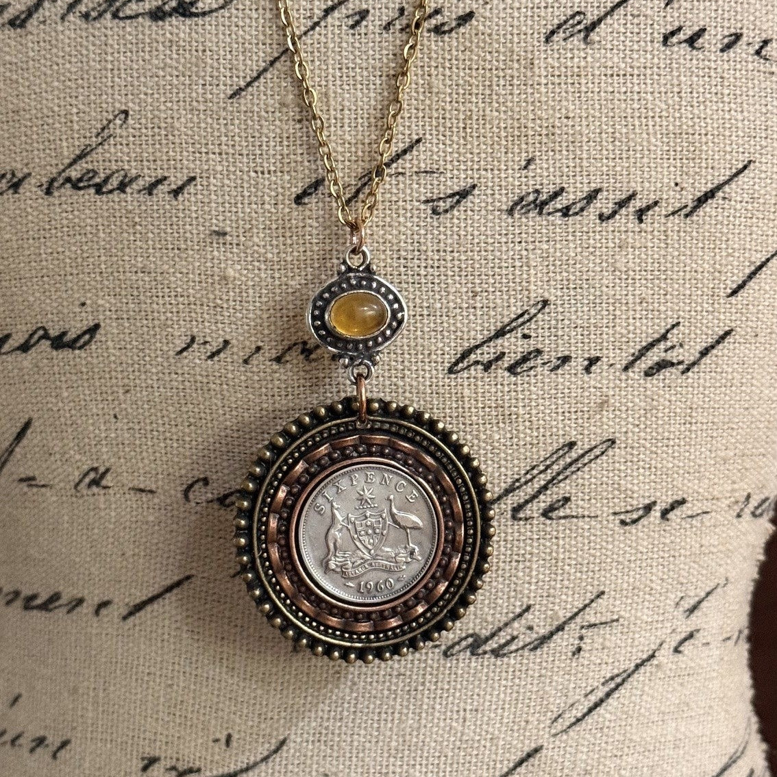 1960 Australian Sixpence Mixed Metal Necklace | One of a Kind Wearable History