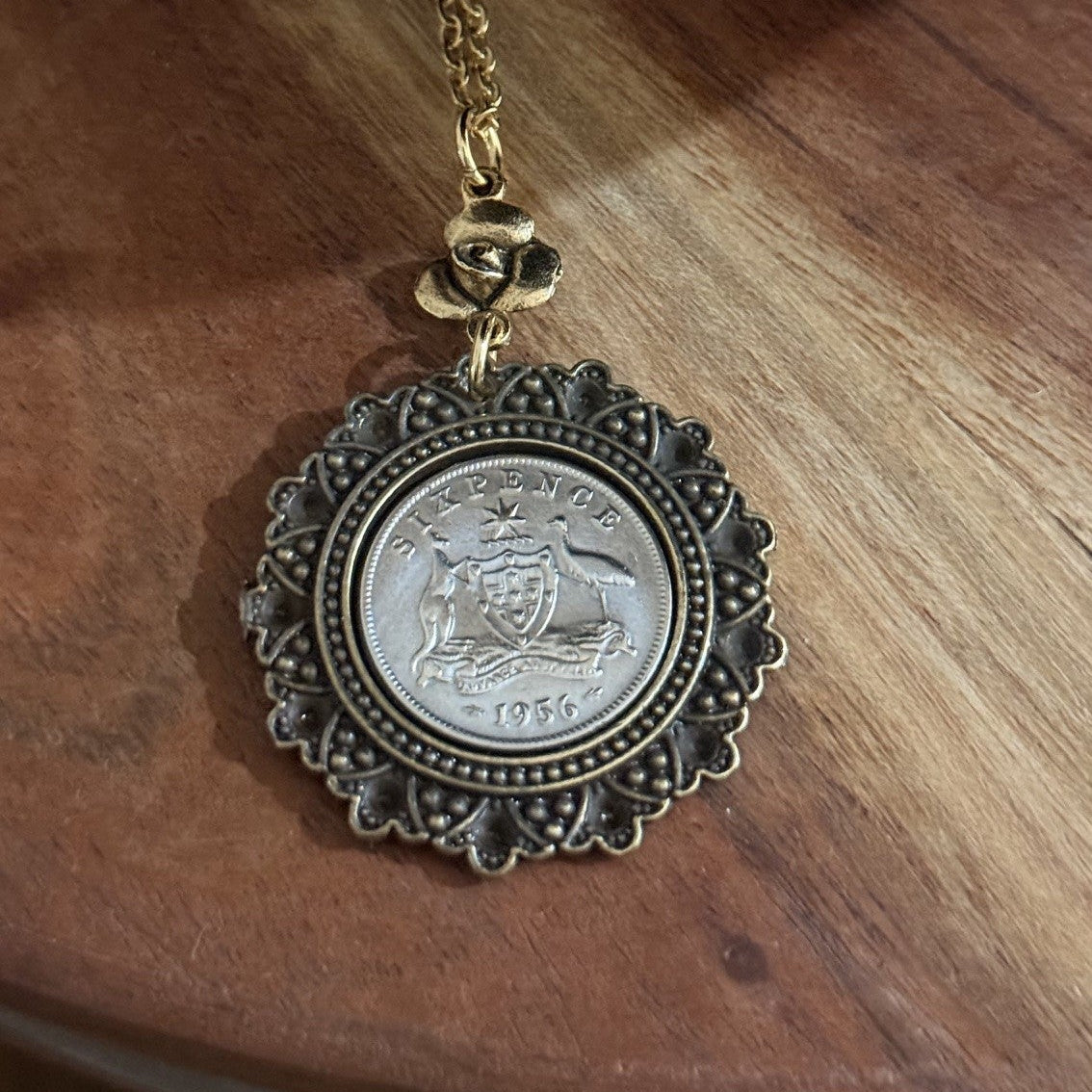 1956 Australian Sixpence & Gold Rose Necklace