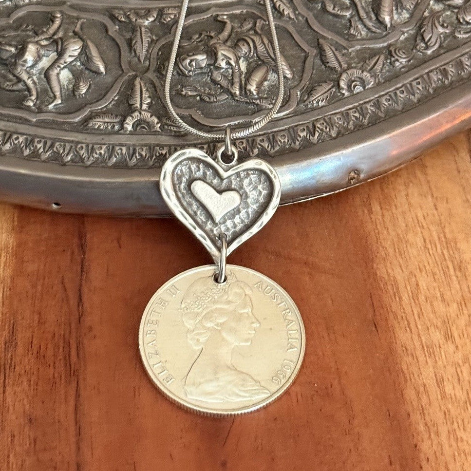 1966 Australian Round 50 Cent Coin Heart Necklace | Wearable History
