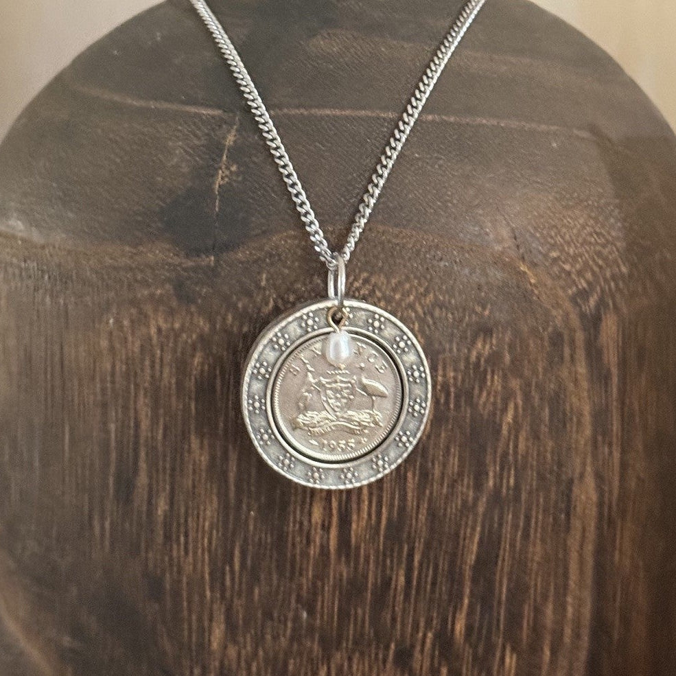 1955 Australian Sixpence &amp; Pearl Necklace