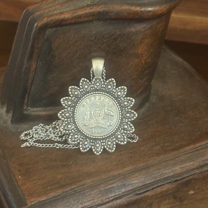 1946 Australian Sixpence Flower Coin Necklace