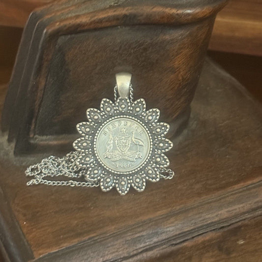 1946 Australian Sixpence Flower Coin Necklace